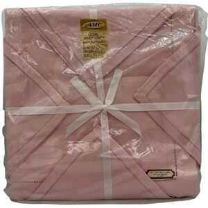 AMC Vintage 100% Irish Linen Tablecloth 4 Napkins Pink Hemstitch Made in Ireland